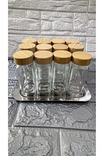 MİMOZA PARK Round Glass Spice Rack Set with 12 Bamboo Lids (12 Labels and Pens as a Gift)