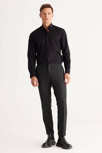 ALTINYILDIZ CLASSICS Men's Black Slim Fit Narrow Cut Button Collar 100% Cotton Oxford Shirt