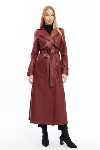 Jamila Long Leather Trench Coat with Double Pockets