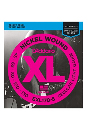 Daddario Exl170-5 Bass Guitar String Set, XL Series, 5 Strings, 0.45-130,