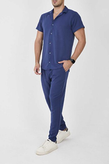 MCZ GİYİM Ανδρικό παντελόνι με λεπτή εφαρμογή Navy Blue Color Crepe Fabric - Σετ πουκάμισο κάτω επάνω
