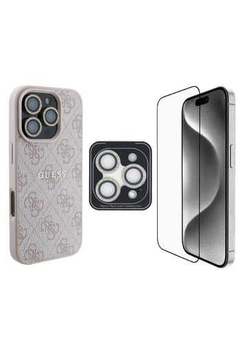 Guess Guess Compatible Licensed 3in1 Accessories Set Case + Screen and Lens Protector for iPhone 16 Pro Max Pink