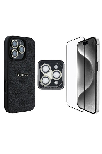 Guess iPhone 16 Pro Compatible Licensed Case + Screen Protector + Lens Protector 3in1 Accessory Set Black
