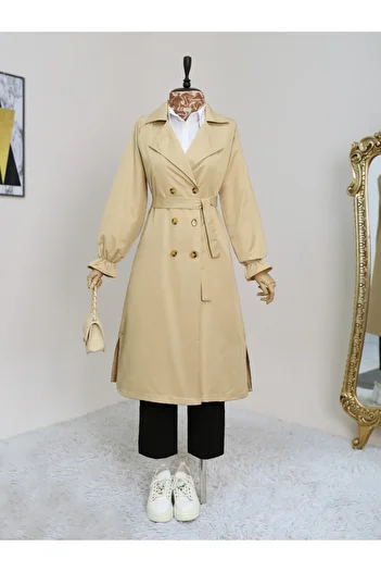 Modamorfo Double Button Cuff Elastic Waist Tie Trench Coat - Light Mink