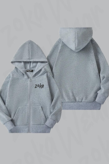 ZOKAWEAR Φούτερ Zoka Printed Grey Hooded με φερμουάρ - 2 κλωστές