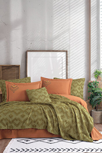 İyi Geceler İstanbul Good Night Istanbul Aztec Khaki Double 100% Cotton Bedspread Set