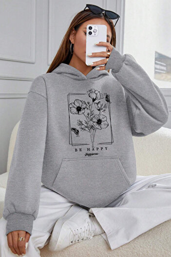 uyguntarz Be Happy Printed Cotton Oversize Sweatshirt