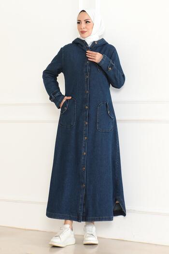 Modamihram Dark Blue Hooded Denim Coat - 19230