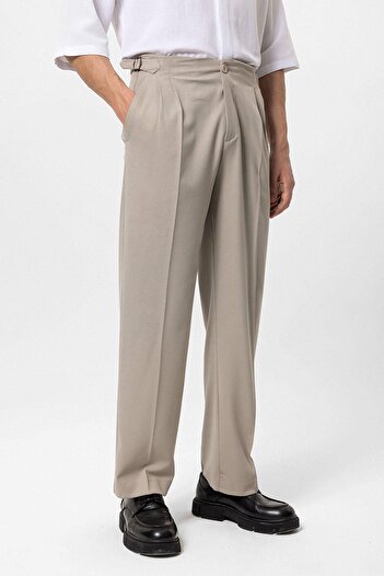 Antioch Beige High Waist Buckle Detailed Comfortable Fit Men's Pants