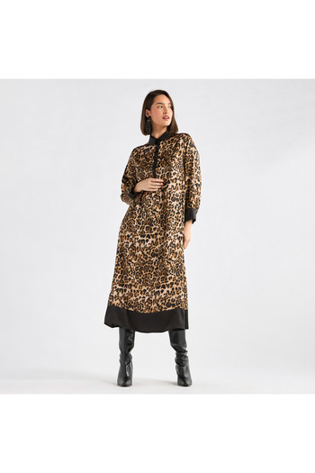 FAV Animal Print Midi Shirt Dress with Long Sleeves