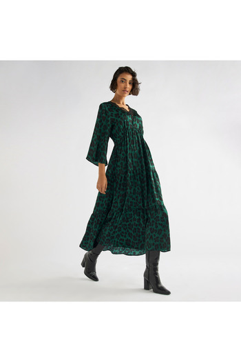 FAV Animal Print Midi Dress with Lace Detail and 3/4 Sleeves