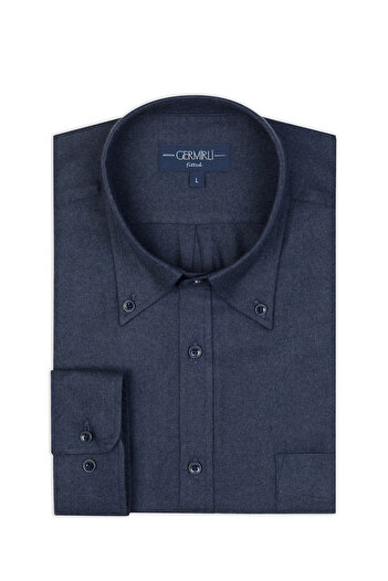 Germirli Navy Blue Herringbone Pattern Albini Cotton Lyocell Tailor Fit Flannel Shirt