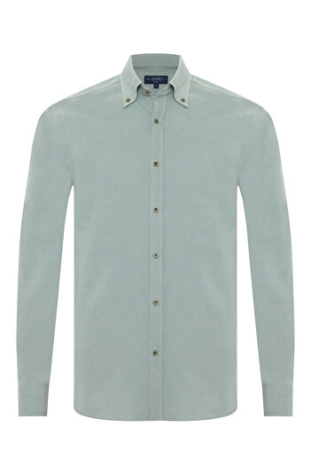 Germirli Green Thin Velvet Albini Button Collar Tailor Fit Pure Cotton Shirt