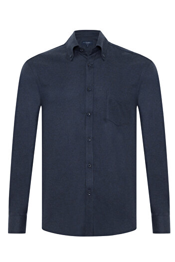 Germirli Navy Blue Herringbone Pattern Albini Cotton Lyocell Tailor Fit Flannel Shirt