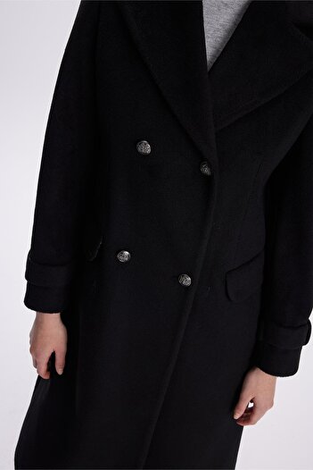 Zühre Double Breasted Collar Long Black Coat 13570
