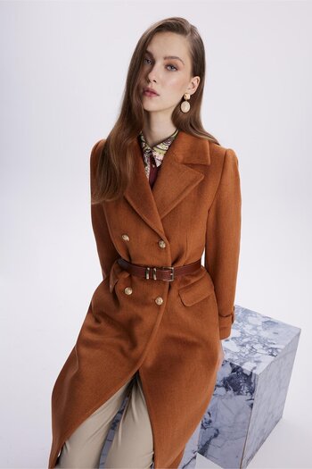 Zühre Double Breasted Collar Long Tan Coat 13570