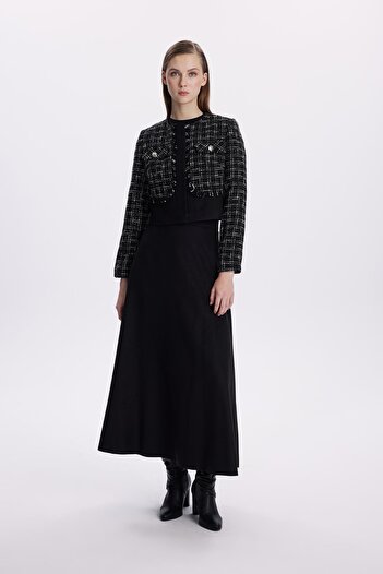 Zühre Tweed Patterned Button Detailed Black Double Suit Tk-1397