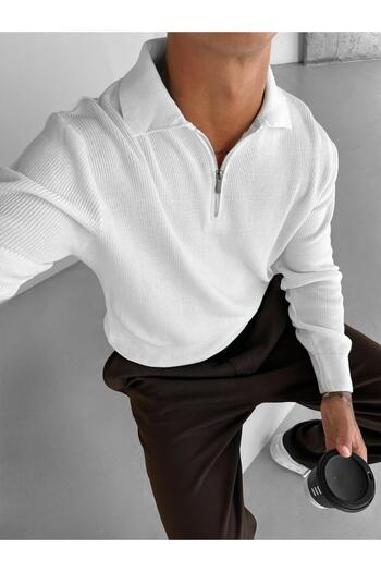 ablukaonline Ecru Men's Knitwear Sweater - Regular Fit, Half Zip