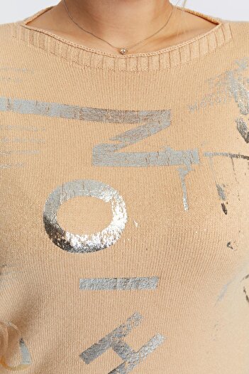 RMG Μεγάλο μέγεθος Boat Neck Cashmere Blended Printed Knitwear Mink