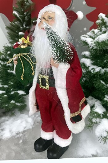 Sole Yılbaşı Süsü Noel Baba Biblo Figür Büyük Boy 45cm -Elinde Çam Ağacı ve Hediye Çuvalı ile