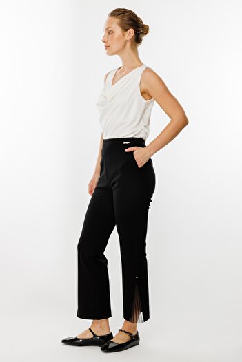Ekol Black Lycra and Tulle Slit Pants