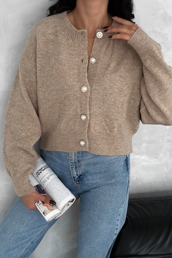 FEMELLE Women's Brown Standard Size Pearl Button Short Knitwear Cardigan