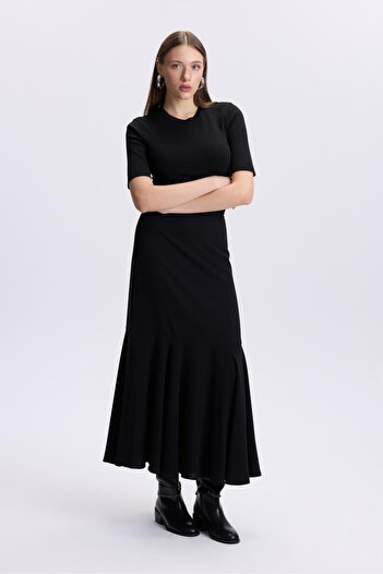 Zühre High Waist Flounce Black Skirt Etk-0172