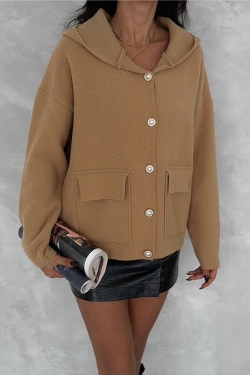FEMELLE Women's Brown Standard Size Hooded Pearl Button Detailed Oversize Knitwear Cardigan