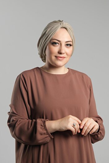 HÜRREM BONE Πρακτικό έτοιμο κουκούλα Hijab Σκούρο Μπεζ - Άμμο Πλισέ Casual 2121_44