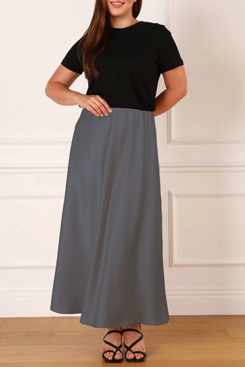 Lady Majestic Plus Size Elastic Waist Hidden Zipper Lycra Satin Flared Long Skirt