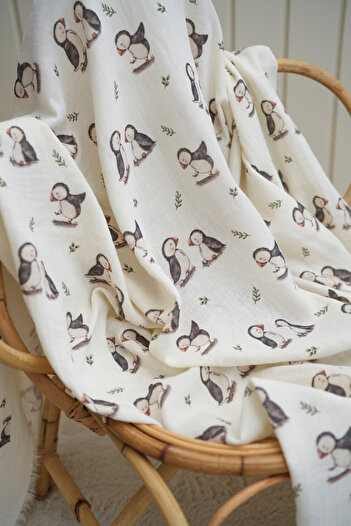 Tuğba Kuğu Playful Puffins Printed Muslin Fabric