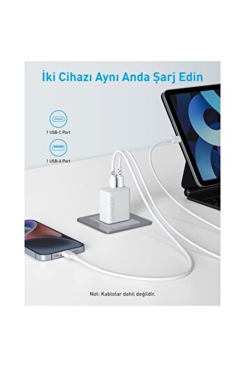 Anker 20W USB-C + USB-A Çift Portlu Şarj Cihazı - A2348 - Beyaz