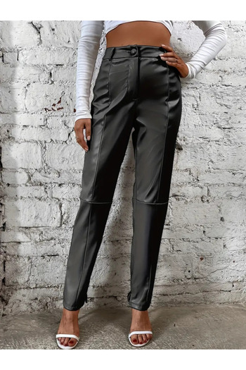 Edolika Women's High Waist Front Button Leather Pants