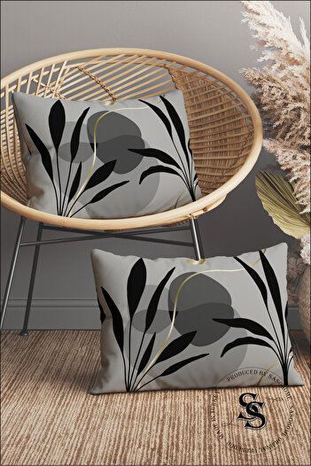 SasoHome Set of 2 Rectangular Throw Pillow Covers with Black Leaves Pattern on Gray Background