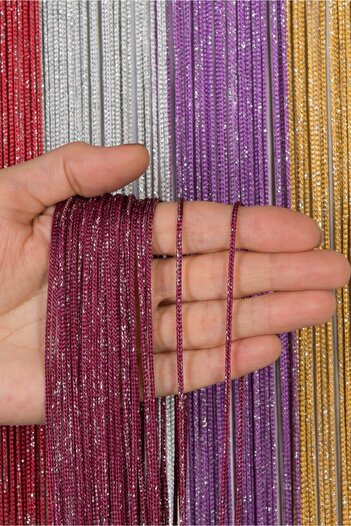 Saççax Exclusive Burgundy-Silver Color Glitter Thick Chain Series Rope Curtain