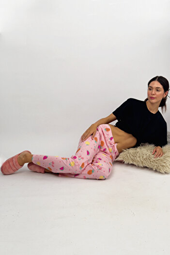 Betimoda Kadın Lastikli Bel %100 Pamuklu Kurdeleli Desenli Pijama Altı Pembe