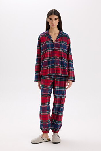 DeFacto Fall in Love Kareli Uzun Boy Flanel Pijama Alt X9052AZ24WN