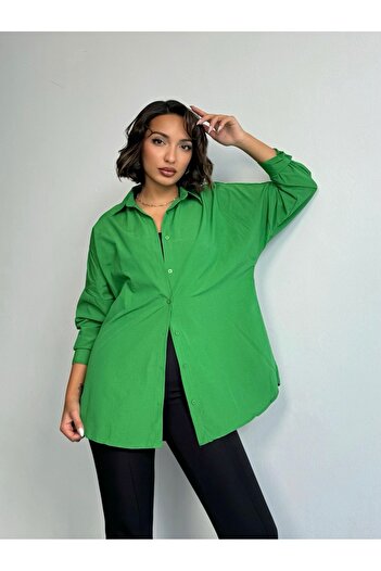 BEJNA Women's Green Oversize Long Basic Shirt