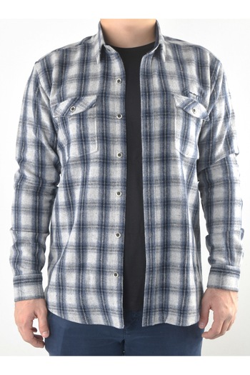 BENEZZO Slim Fit Uzun Kollu Gri Kareli Oduncu Gömlek