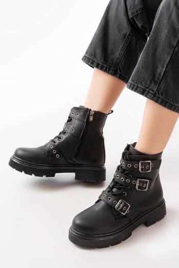 Aymood 508-3039 Black Buckle Accessory Zippered Daily Women's Boots