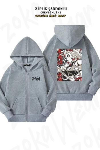 ZOKAWEAR Cardigan supradimensionat Demon Slayer x4 gri - imprimat pe spate, cu fermoar, cu glugă (2 fire)