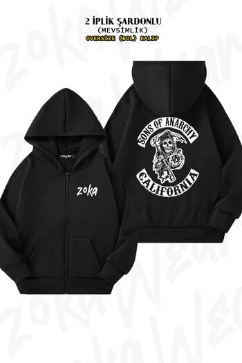 ZOKAWEAR Μαύρη ζακέτα California Sons Of Anarchy Oversize - Πίσω στάμπα με φερμουάρ και κουκούλα (2 κλωστές)