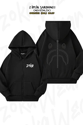 ZOKAWEAR Oversize bape shark fermuar Sırt Baskılı Fermuarlı Kapşonlu Siyah Hırka (2 İplik)