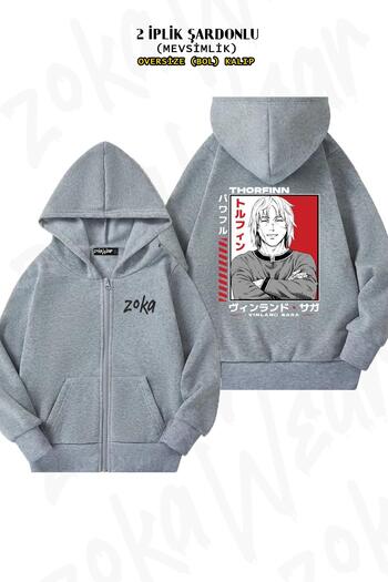 ZOKAWEAR Cardigan supradimensionat Thorfinn Smile Vinland Saga, imprimat pe spate, cu glugă, cu fermoar (2 fire)