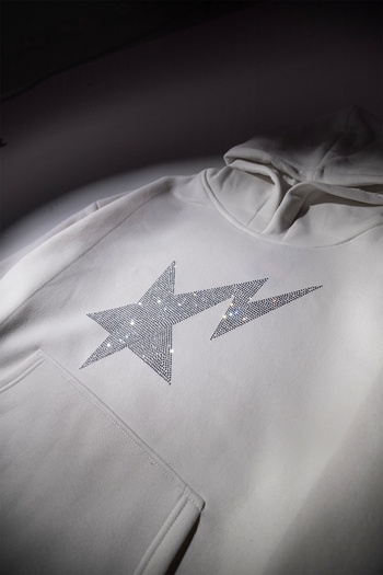 Sekizbiraltı Shining Star Stone Print Oversize Unisex Premium White Hoodie