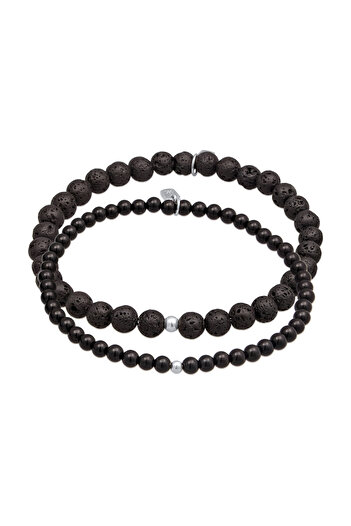 KUZZOI Brățară bărbătească cu mărgele negre, lavă și onix, din argint 925