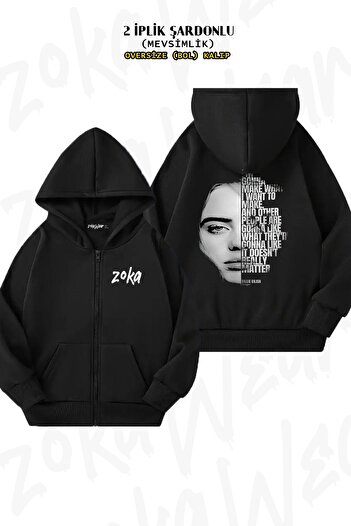 ZOKAWEAR Μαύρη ζακέτα με κουκούλα με φερμουάρ στην πλάτη Billie Eilish (2 κλωστές)