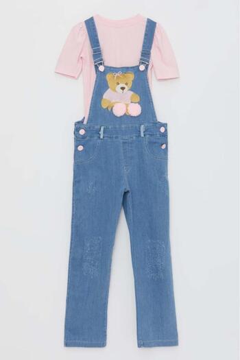 Riccotarz Girl's Teddy Bear Printed Pompom Detailed Light Blue Jumpsuit with Slings