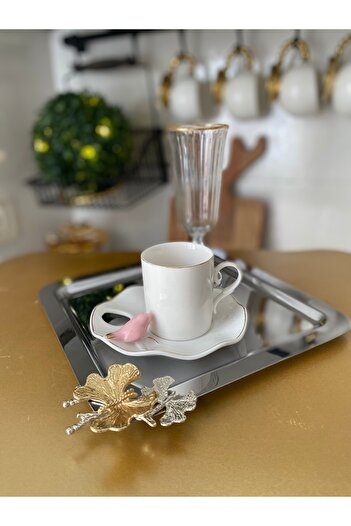 atabey home collection 2 ADET Kahve & Çay & Sunum Tepsisi Metal Döküm Gümüş Tepsi Kelebek Aksesuarlı
