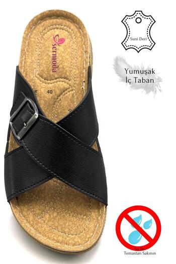 Moda Anna Cross Band Buckle Double Band Light Sole Faux Leather Men's Slippers 521 Black